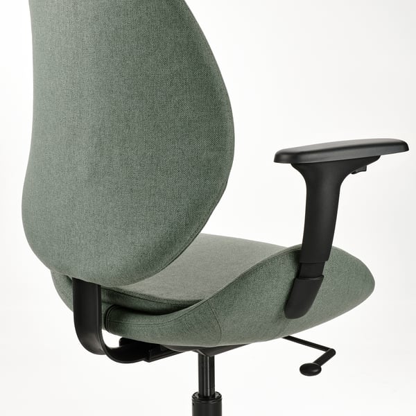 Chaise de bureau ergonomique, tissu vert, accoudoirs réglables, support dorsal, fonction d’inclinaison.