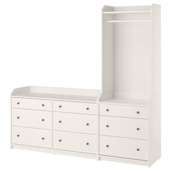 Ensemble de meubles HAUGA blanc : armoire haute, large commode à 6 tiroirs. Design épuré et moderne pour le stockage.
