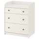 Commode blanche HAUGA à 3 tiroirs avec boutons, design simple, fixations murales de sécurité.