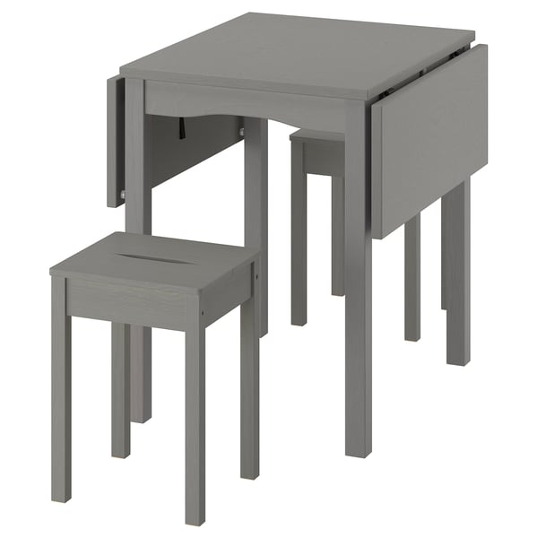 Table à abattants gris HAUGA avec deux tabourets. Design peu encombrant, bois massif, rectangulaire, style simple.