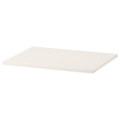 Une étagère HAUGA blanche d’ikea, de forme rectangulaire, en feuille de papier et en panneaux de particules, avec des bords lisses et un design simple.