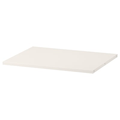 Une étagère HAUGA blanche d’ikea, de forme rectangulaire, en feuille de papier et en panneaux de particules, avec des bords lisses et un design simple.