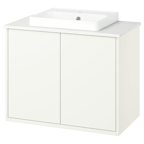 Meuble de salle de bain blanc Havback, plateau en marbre, lavabo rectangulaire, meuble mural.