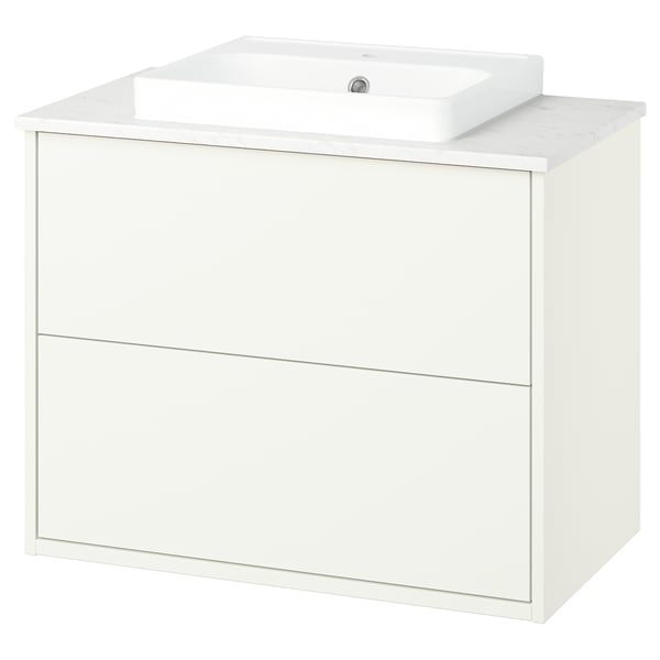 Meuble de salle de bain blanc HAVBÄCK, design élégant, plateau en marbre, lavabo en céramique.