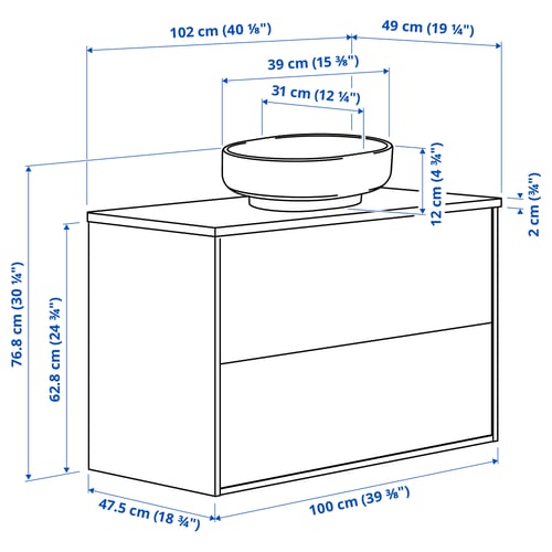 HAVBÄCK / VINDELÄLVEN Meuble lavabo avec tiroirs/vasque, beige/blanc marbré, 102x49x77 cm