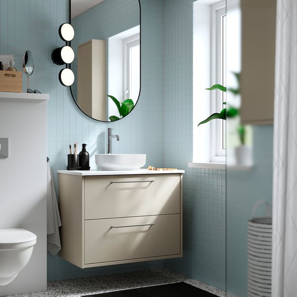 HAVBÄCK / VINDELÄLVEN Meuble lavabo avec tiroirs/vasque, beige/blanc marbré, 82x49x77 cm