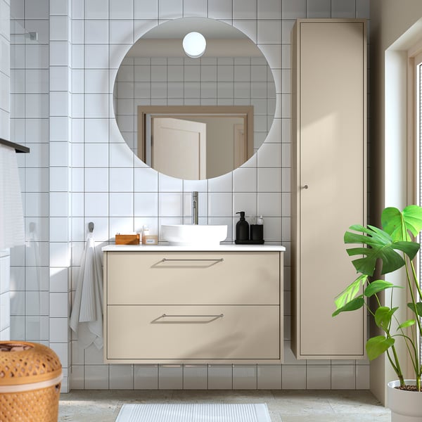 HAVBÄCK / VINDELÄLVEN Meuble lavabo avec tiroirs/vasque, beige/blanc marbré, 102x49x77 cm