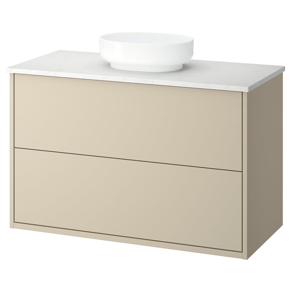 Lavabo beige HAVBÄCK avec plan de travail et bol blancs.