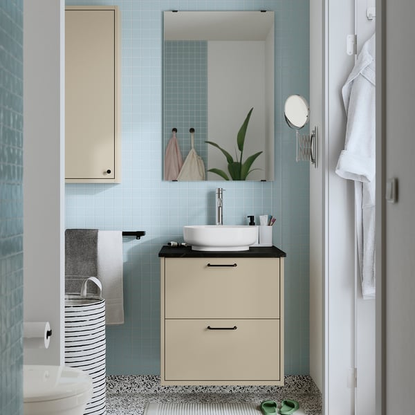 HAVBÄCK / VINDELÄLVEN Meuble lavabo avec tiroirs/vasque, beige/noir marbré, 62x49x77 cm