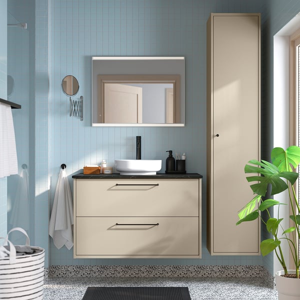 HAVBÄCK / VINDELÄLVEN Meuble lavabo avec tiroirs/vasque, beige/noir marbré, 102x49x77 cm