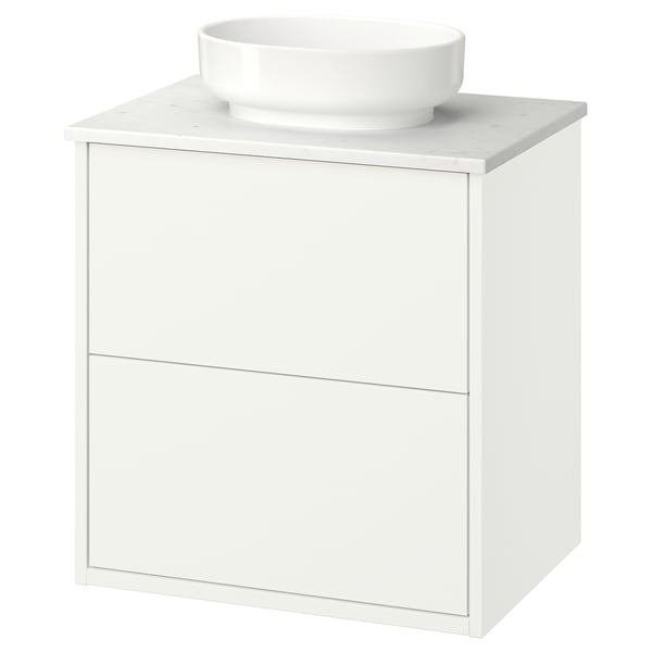 HAVBÄCK / VINDELÄLVEN Meuble lavabo avec tiroirs/vasque, blanc/blanc marbré, 62x49x77 cm
