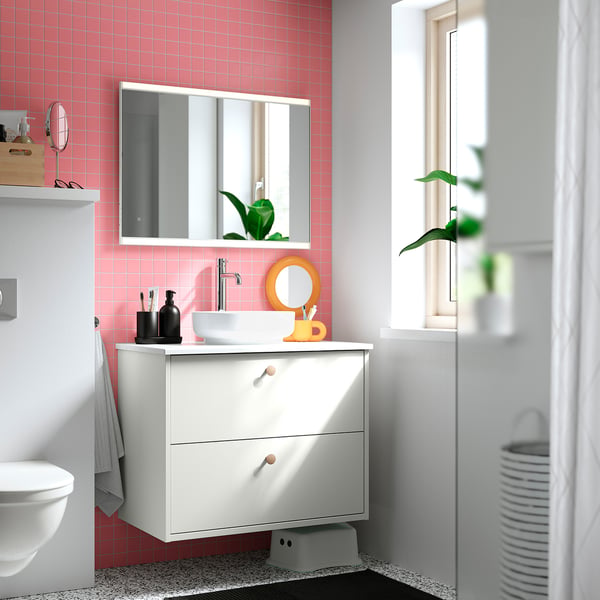 HAVBÄCK / VINDELÄLVEN Meuble lavabo avec tiroirs/vasque, blanc/blanc marbré, 82x49x77 cm