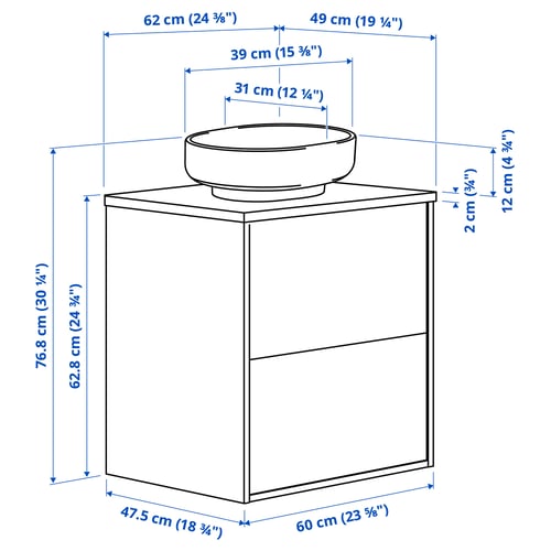 HAVBÄCK / VINDELÄLVEN Meuble lavabo avec tiroirs/vasque, blanc/noir marbré, 62x49x77 cm
