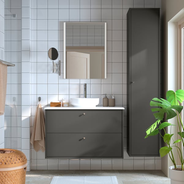 HAVBÄCK / VINDELÄLVEN Meuble lavabo avec tiroirs/vasque, gris foncé/blanc marbré, 102x49x77 cm