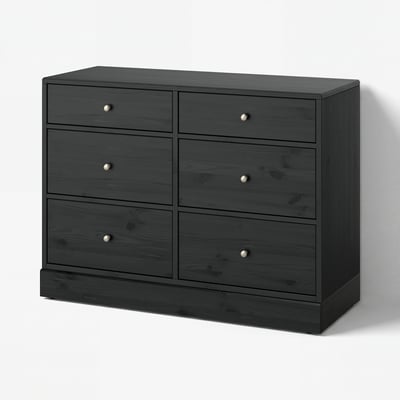 Coffre noir HAVSTA avec 6 tiroirs en bois de pin, lisse et élégant, parfait pour le rangement de la chambre.
