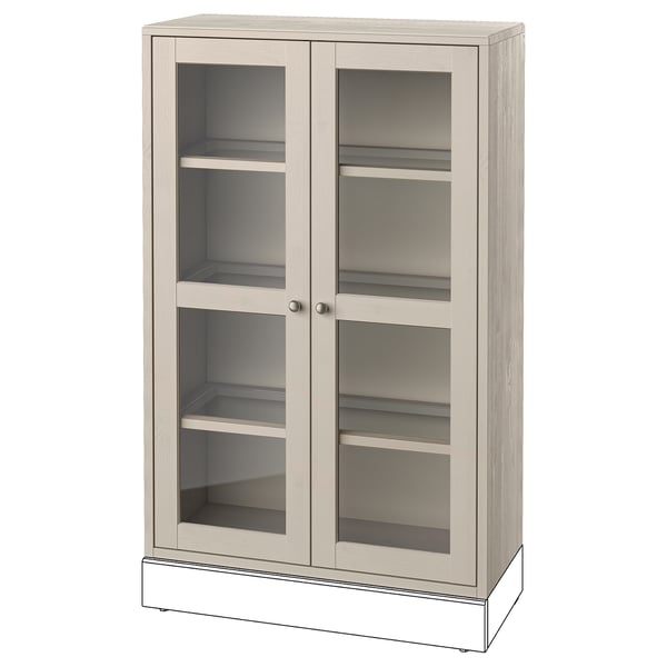 Armoire HAVSTA, beige clair, portes vitrées, étagères en bois, rectangulaire, design de ferme moderne.