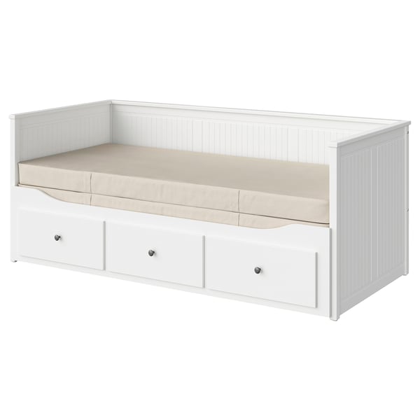 Lit de jour HEMNES blanc avec tiroirs et matelas, design classique.