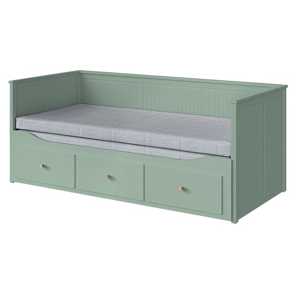 HEMNES Lit banquette 2p (struct + matelas), gris vert/Ågotnes ferme, 80x200 cm