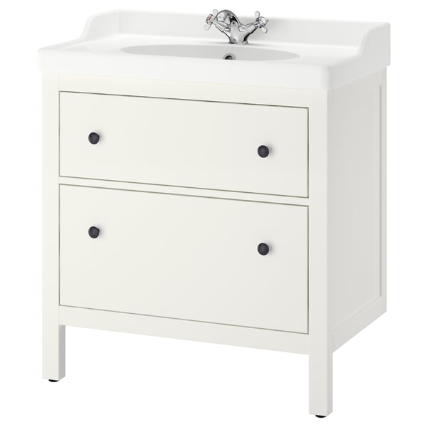 Vanité de salle de bain HEMNES blanche, forme rectangulaire, 2 tiroirs, luminaires chromés.