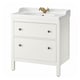 Vanité de salle de bain HEMNES blanche ; 2 tiroirs, robinet doré, vasque en céramique, pieds en bois.