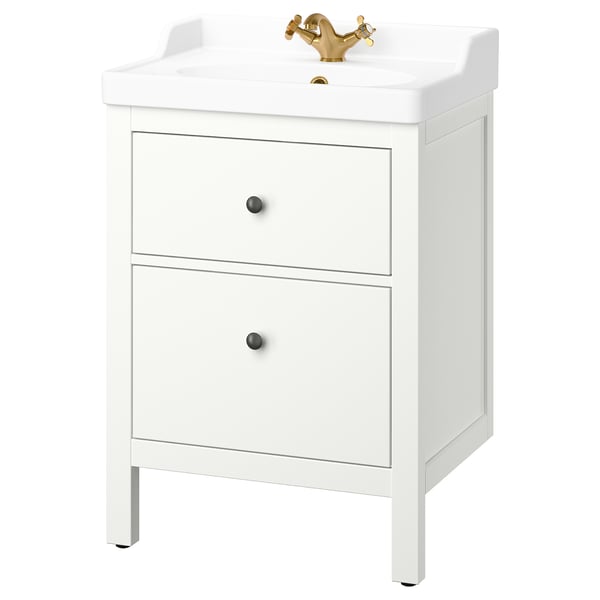 Meuble de salle de bain HEMNES blanc, robinet doré, deux tiroirs.