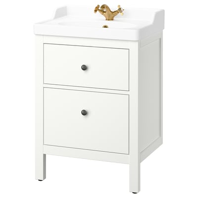 Meuble de salle de bain HEMNES blanc, robinet doré, deux tiroirs.