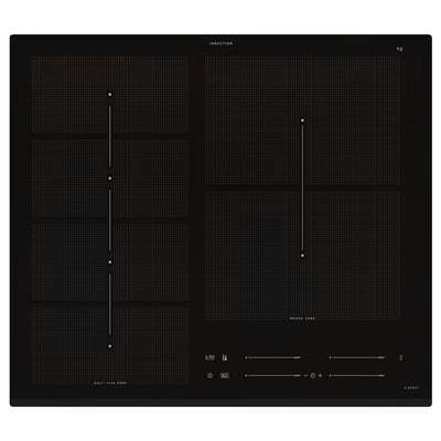 Surface de cuisson à induction en verre noir avec quatre zones de cuisson, commandes tactiles et design élégant.