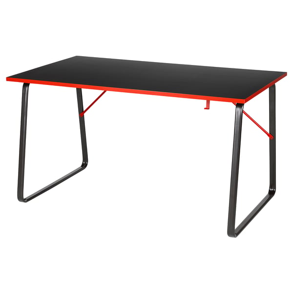 Table de jeu HUVUDSPELARE noire, bords rouges, pieds en acier, forme rectangulaire, design moderne.