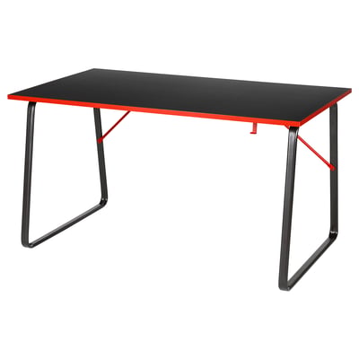 Table de jeu HUVUDSPELARE noire, bords rouges, pieds en acier, forme rectangulaire, design moderne.