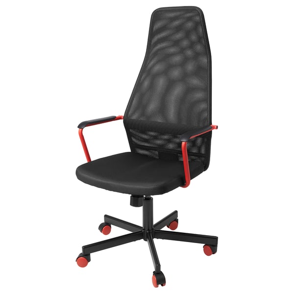 Une chaise de bureau HUVUDSPELARE, noire avec des accents rouges, sur roulettes.