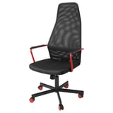 Une chaise de bureau HUVUDSPELARE, noire avec des accents rouges, sur roulettes.