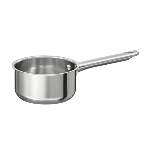 Casserole IKEA 365+ argentée, acier inoxydable, fond rond, manche long, finition polie.