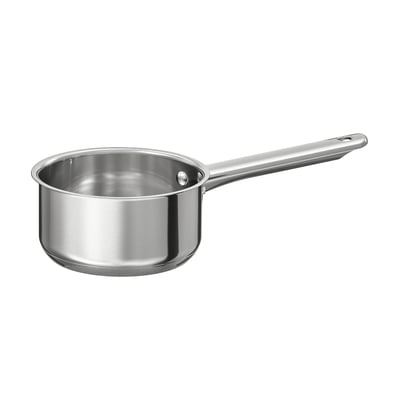 Casserole IKEA 365+ argentée, acier inoxydable, fond rond, manche long, finition polie.
