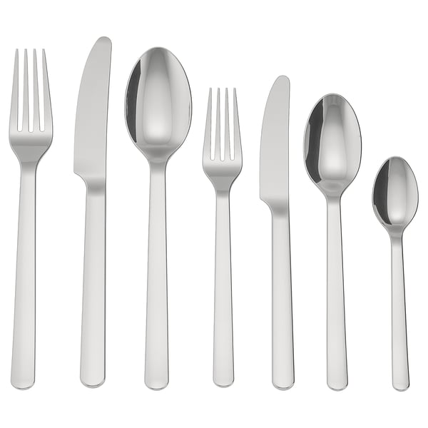 Set de couverts en acier inoxydable en six pièces : fourchette, couteau, cuillère au design moderne et élégant d’IKEA 365+.