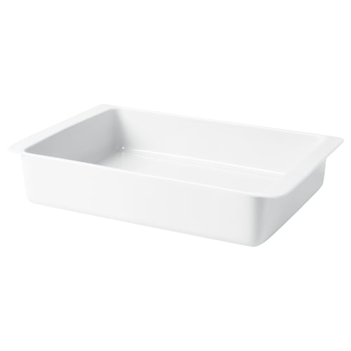 Il s’agit d’un grand plat à four blanc IKEA 365+. Il est fabriqué en porcelaine feldspath durable, avec une forme intemporelle et des poignées pratiques pour un transport facile.