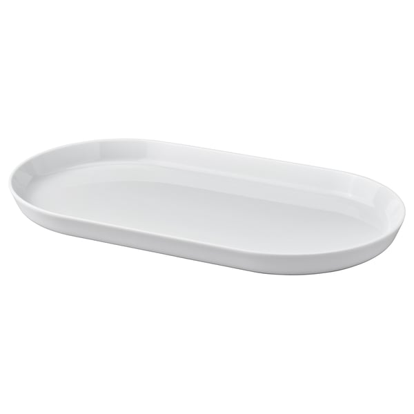 Assiette de service ovale en porcelaine blanche d’IKEA 365+, design épuré et empilable.
