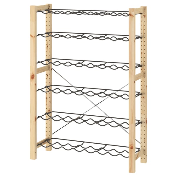 Casier à vin en bois IVAR, de couleur naturelle, 5 niveaux de supports en métal ondulé noir.
