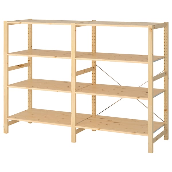 Étagère en bois de pin IVAR, finition naturelle non traitée, quatre étagères rectangulaires, cadre robuste, design simple.