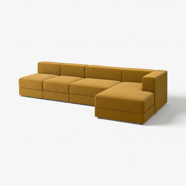 Canapé modulaire moutarde, velours côtelé à large côte, design géométrique, sièges à haute résilience avec rangement.