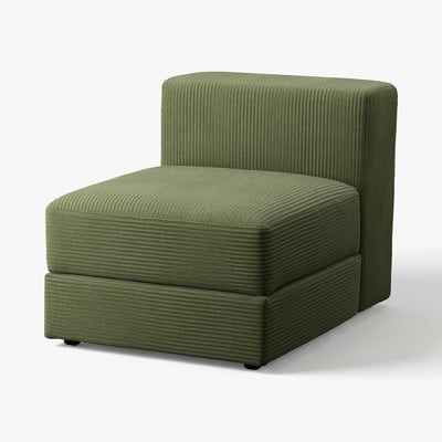Un module canapé moderne, vert olive, en forme de L, avec un tissu nervuré et un design élégant pour des espaces de vie contemporains.
