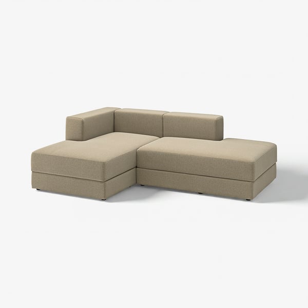Canapé moderne beige en forme de L avec chaise longues, lignes épurées, coussins moelleux et rangement sous le siège.