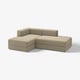 Canapé moderne beige en forme de L avec chaise longues, lignes épurées, coussins moelleux et rangement sous le siège.