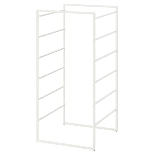 Une étagère de rangement en métal blanc JONAXEL à plusieurs niveaux, idéale pour organiser des objets dans divers espaces, y compris les salles de bains.