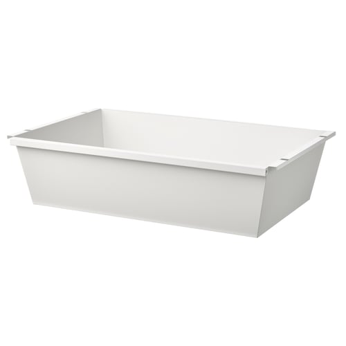 Un conteneur en métal blanc JOSTEIN. Il est rectangulaire, durable et résistant à l’humidité. Idéal pour une utilisation intérieure et extérieure.