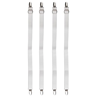 Quatre sangles JULKAKTUS blanches avec des clips métalliques, conçues pour fixer les draps à un matelas.