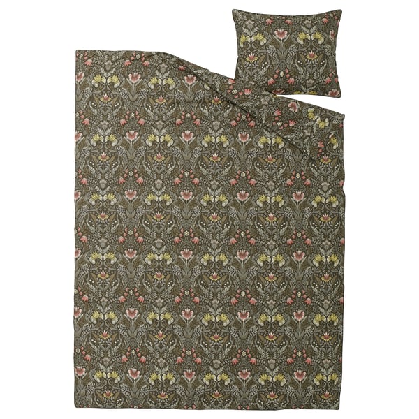 KÄRRDUNÖRT : parure de lit fleurie foncée, avec des tons terreux, du coton tissé dense et du lyocell, un motif floral complexe.
