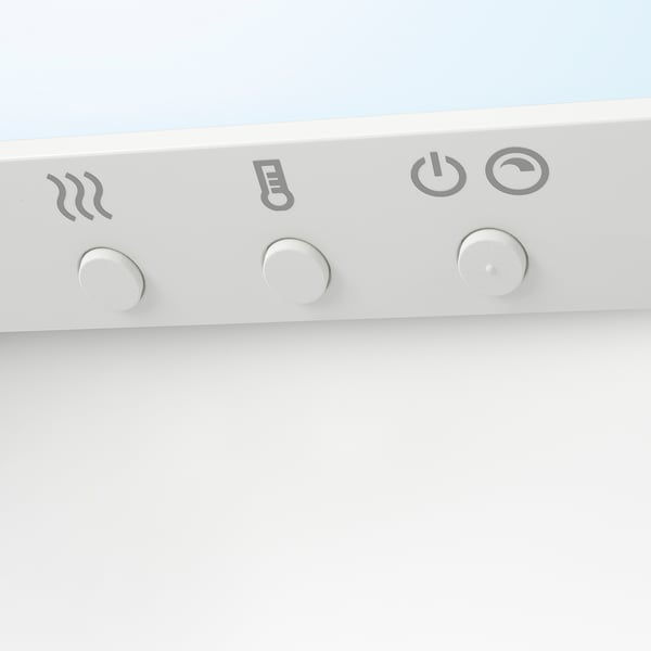 Panneau de contrôle blanc avec 3 boutons : paramètres, alimentation, minuterie. Élégant et convivial.