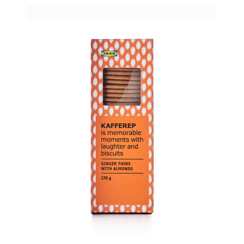 Boîte orange de ikea KAFFEREP gingembre minces aux amandes, 170g. Design lumineux avec des motifs de larme blanche entourant une fenêtre transparente montrant des biscuits.