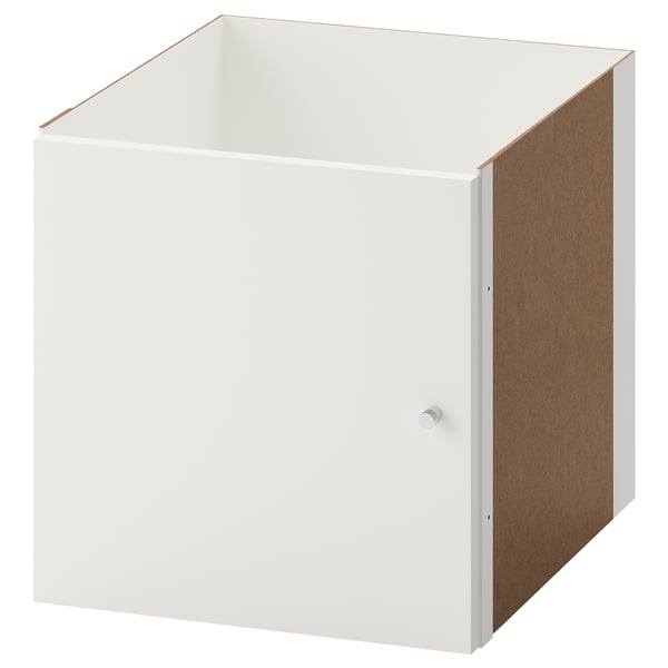 Unité cubique KALLAX blanche, forme carrée, panneaux de particules et bordure en plastique, solution de rangement polyvalente.