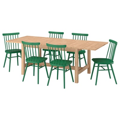 KARSKÄR / HÖGVED Table et 6 chaises, hévéa/vert, 160/220x90 cm